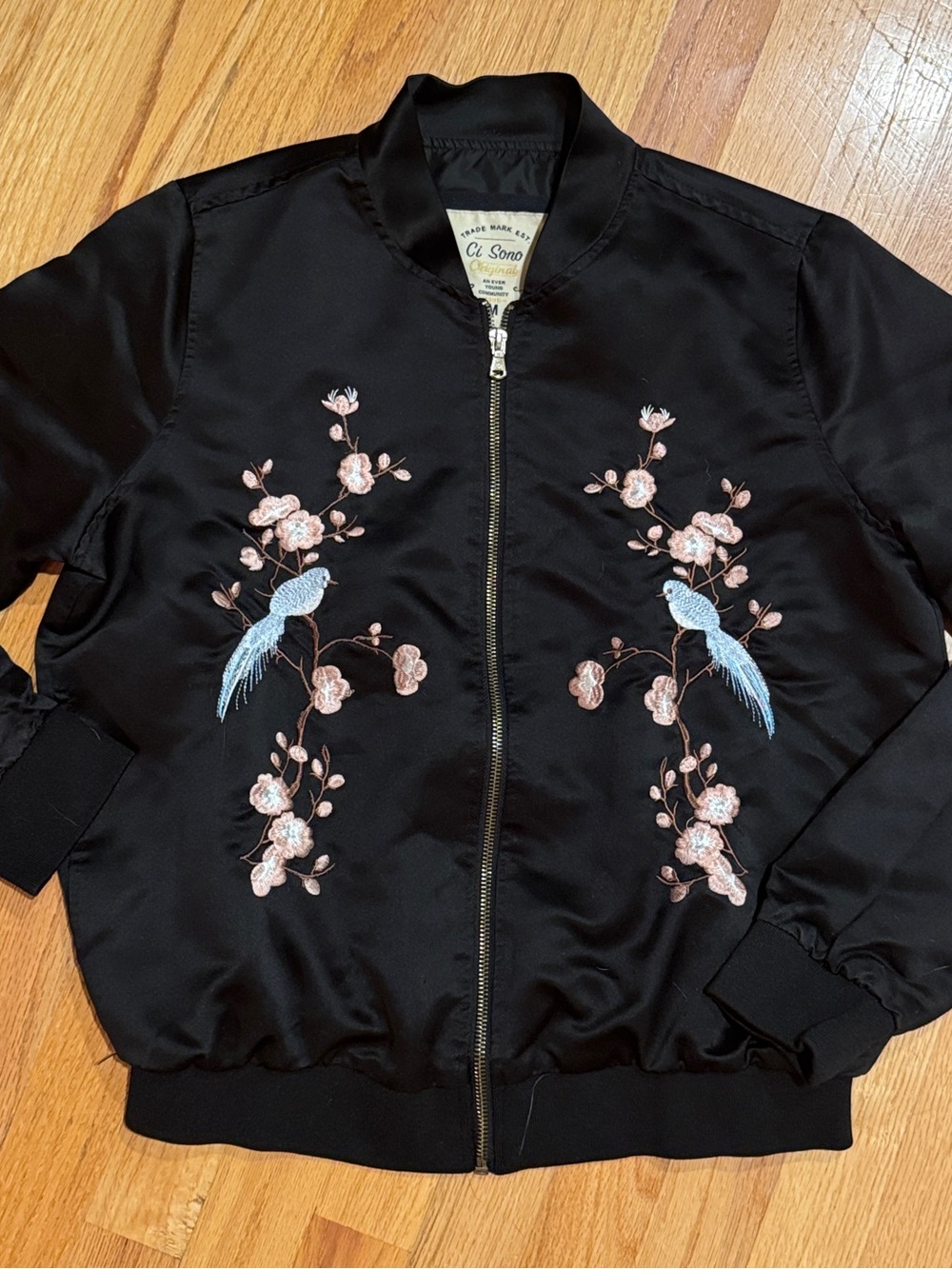 Women’s Ci Sono Floral & Bird Embroidered Satin Bomber Jacket Size Medium